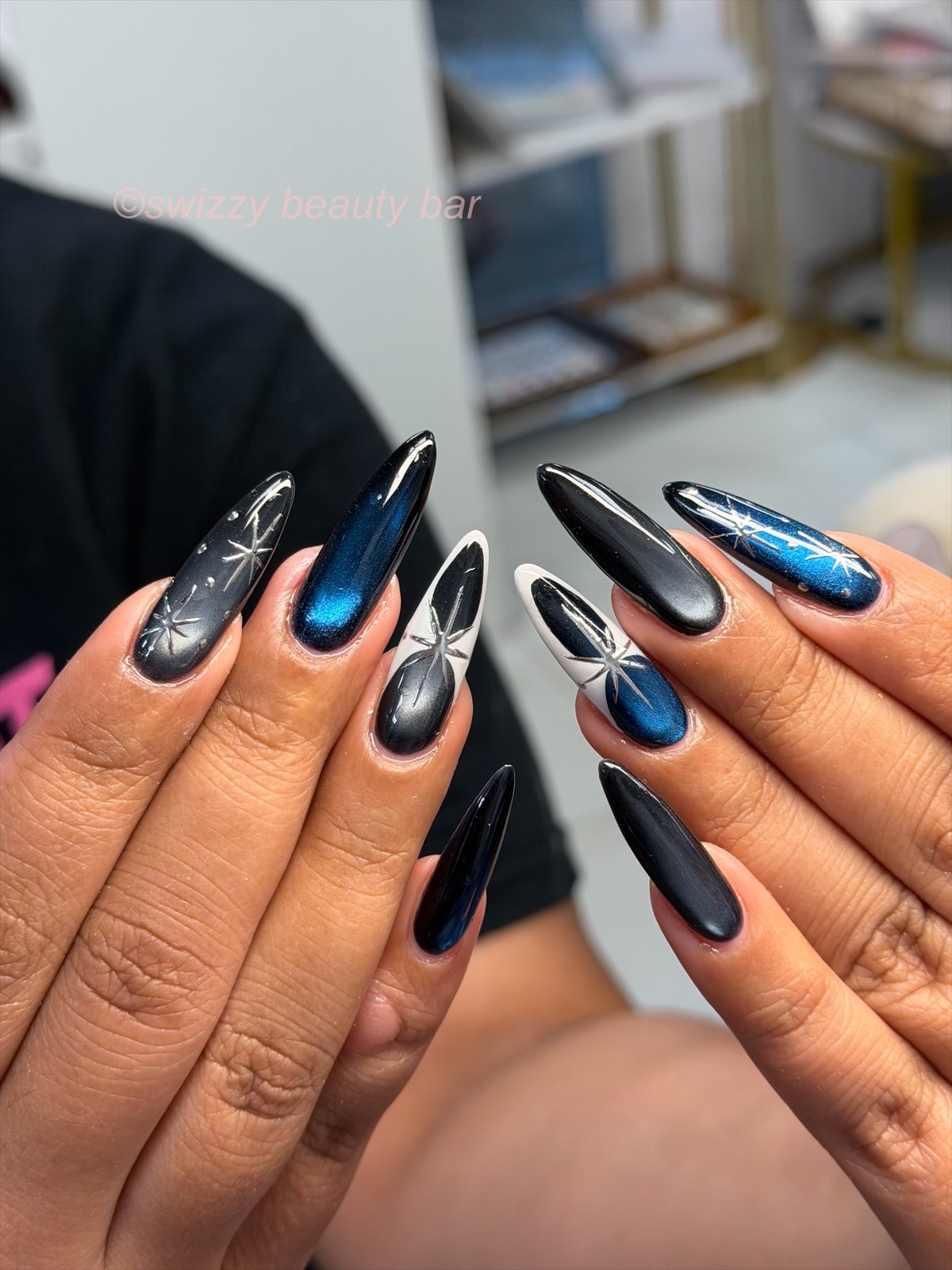 Black & Blue Star Chrome nail art at Swizzy Beauty Bar, Japanese gel nails Flushing NY