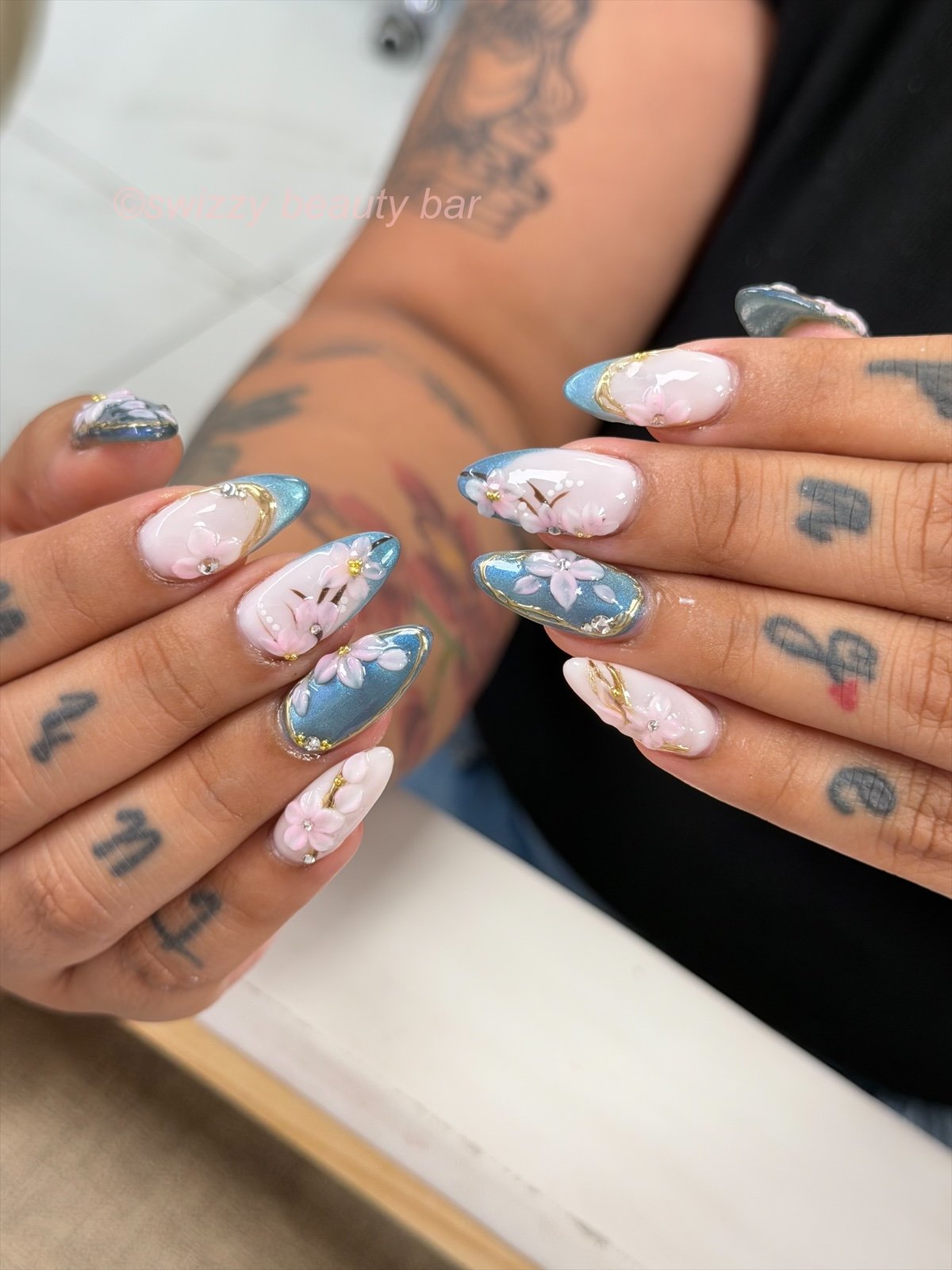Blue & Pink 3D Floral nail art at Swizzy Beauty Bar, Japanese gel nails Flushing NY