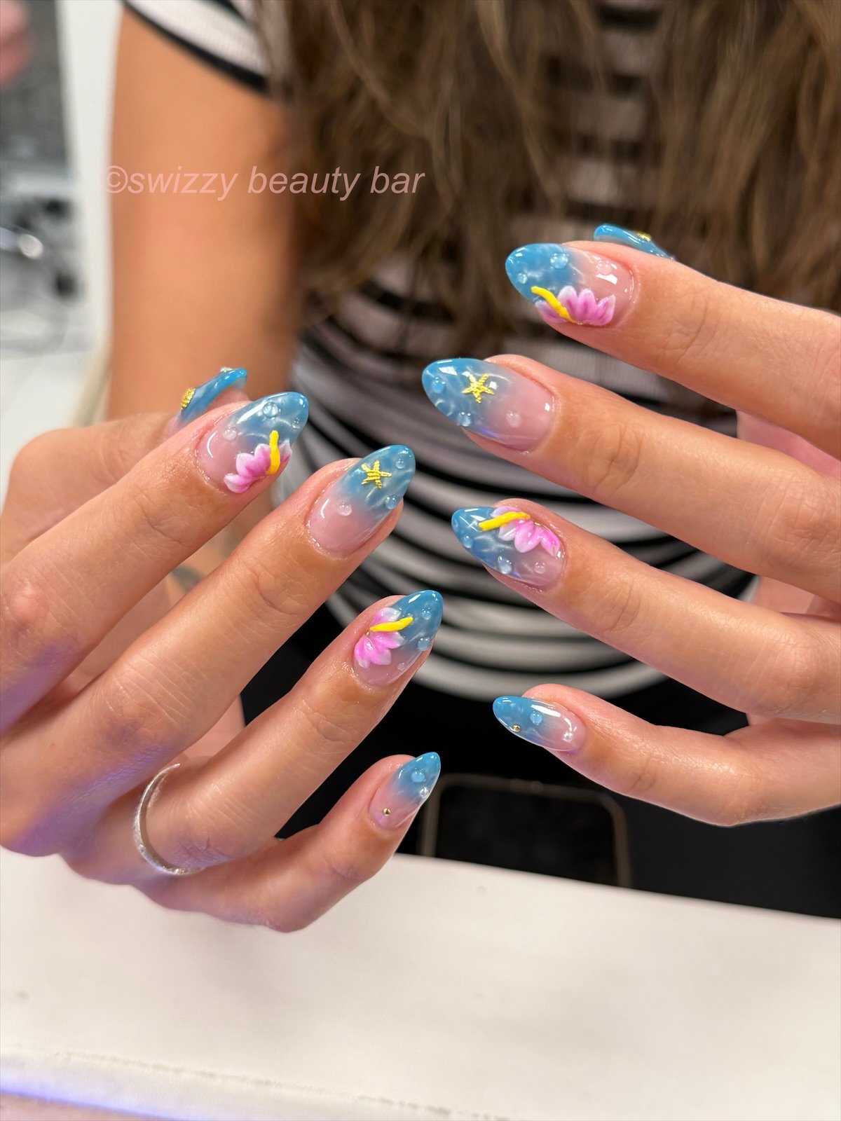 Watercolor 3D Floral nail art at Swizzy Beauty Bar, Japanese gel nails Flushing NY