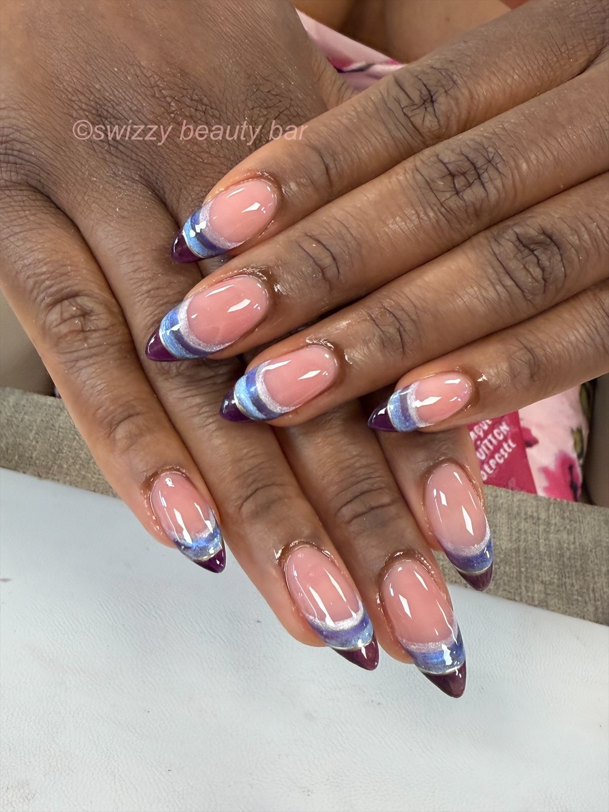 Blue Purple Ombre French nail art at Swizzy Beauty Bar, Japanese gel nails Flushing NY