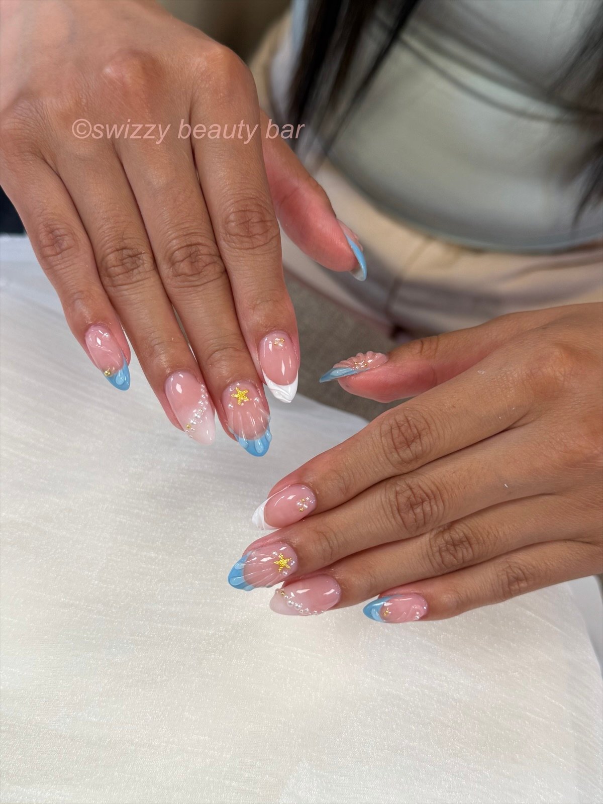Blue Shell Gold Star nail art at Swizzy Beauty Bar, Japanese gel nails Flushing NY