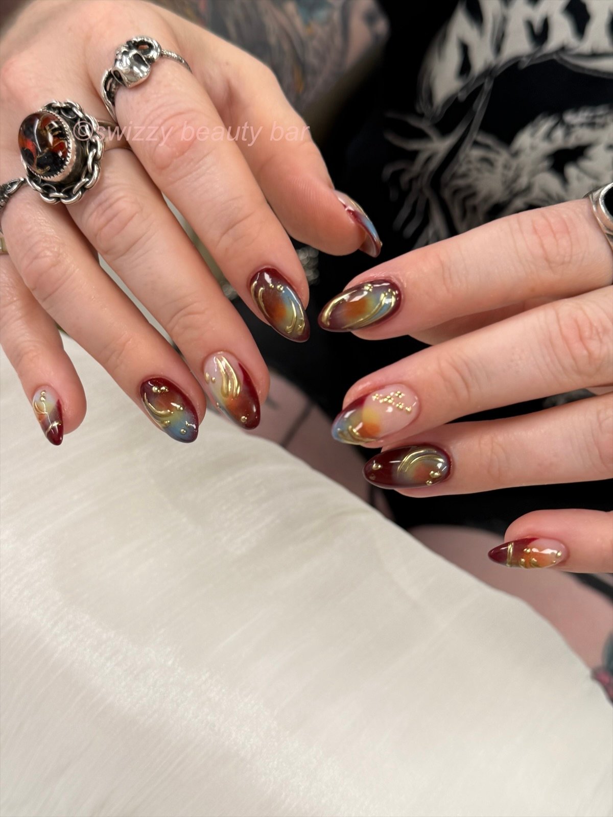 Burgundy Gold Marble nail art at Swizzy Beauty Bar, Japanese gel nails Flushing NY
