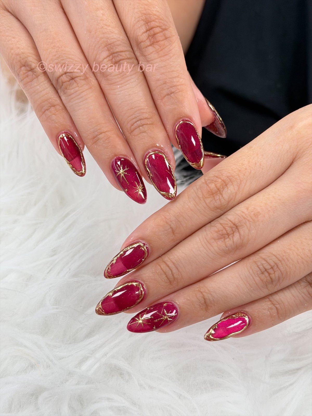 Burgundy Gold Star nail art at Swizzy Beauty Bar, Japanese gel nails Flushing NY