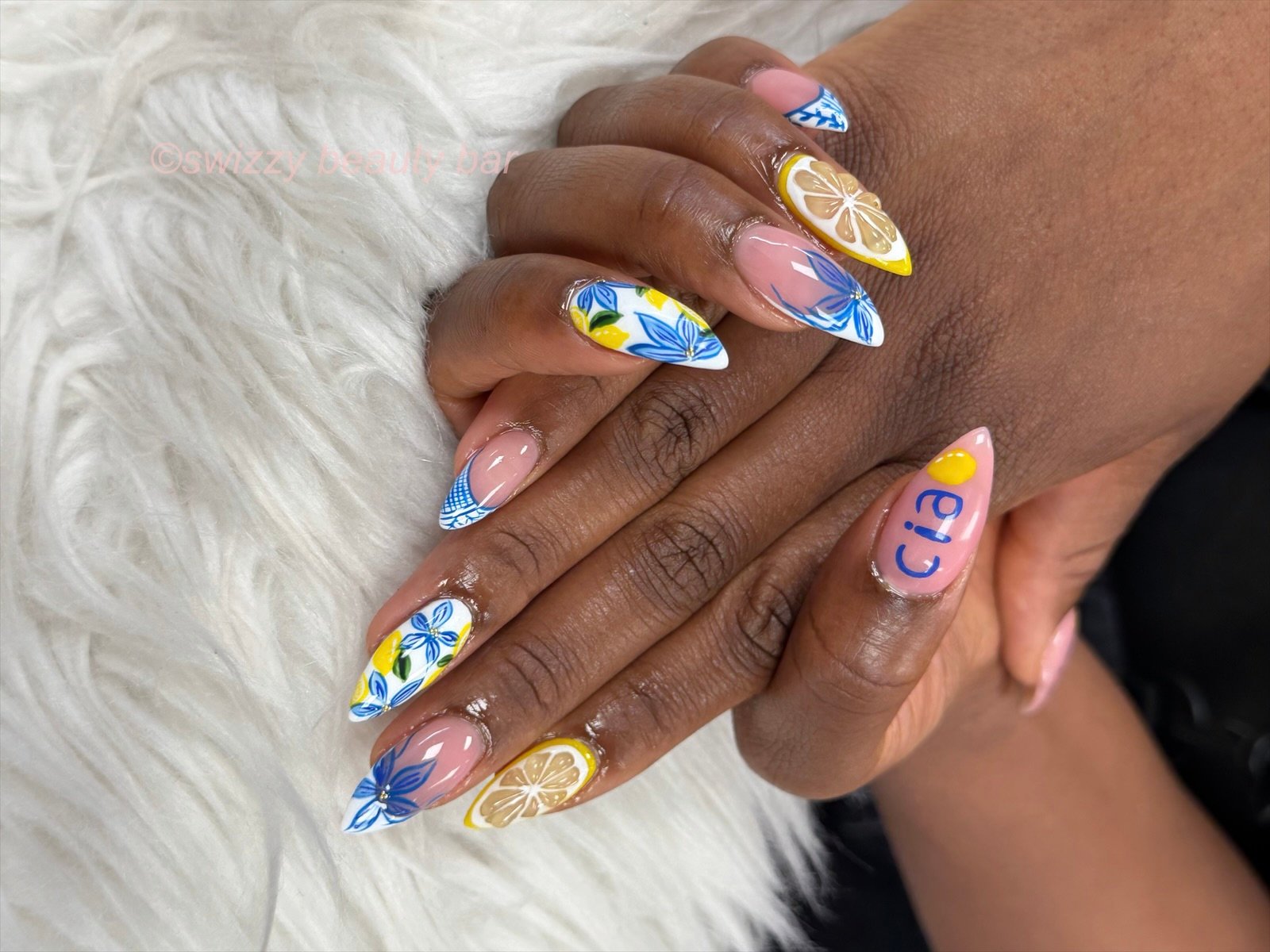 Citrus Floral nail art at Swizzy Beauty Bar, Japanese gel nails Flushing NY