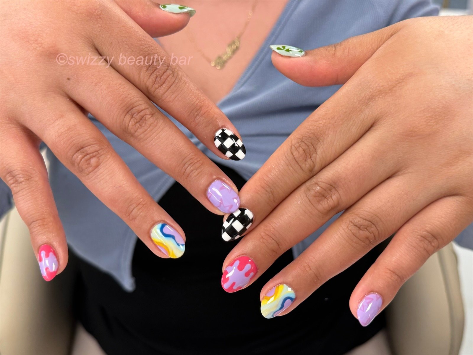 Colorful Checkerboard nail art at Swizzy Beauty Bar, Japanese gel nails Flushing NY