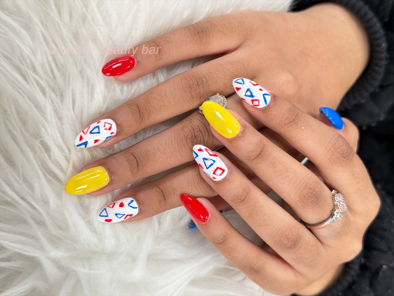 Colorful Geometric nail art at Swizzy Beauty Bar, Japanese gel nails Flushing NY