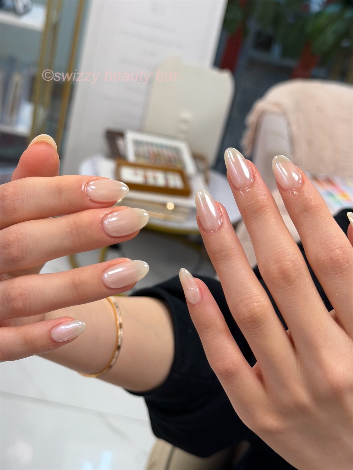 Glossy Pearl Chrome nail art at Swizzy Beauty Bar, Japanese gel nails Flushing NY