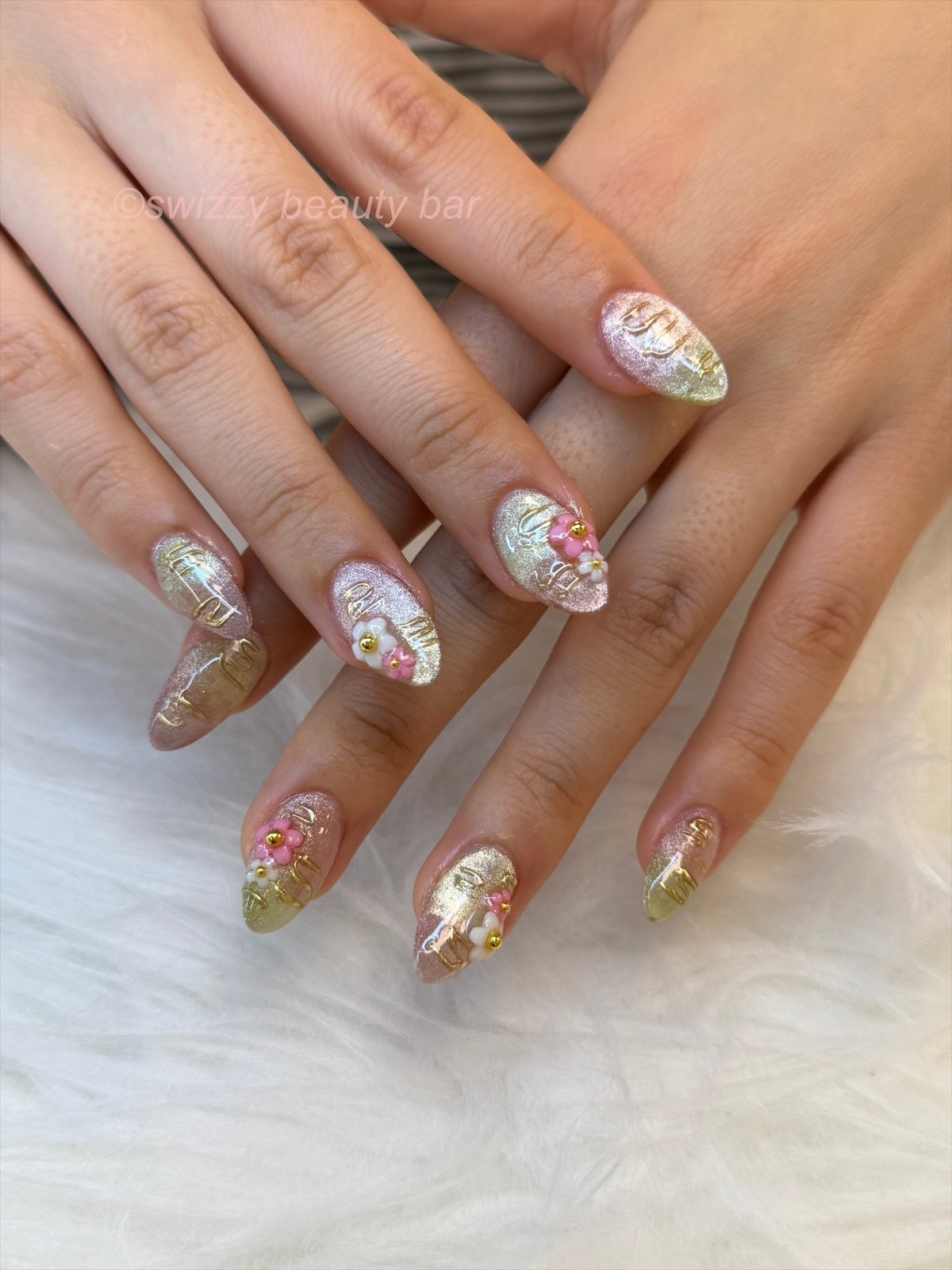 Gold Script Flowers nail art at Swizzy Beauty Bar, Japanese gel nails Flushing NY