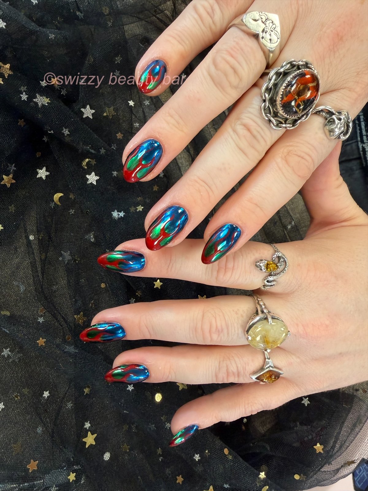Gothic Flame Art nail art at Swizzy Beauty Bar, Japanese gel nails Flushing NY