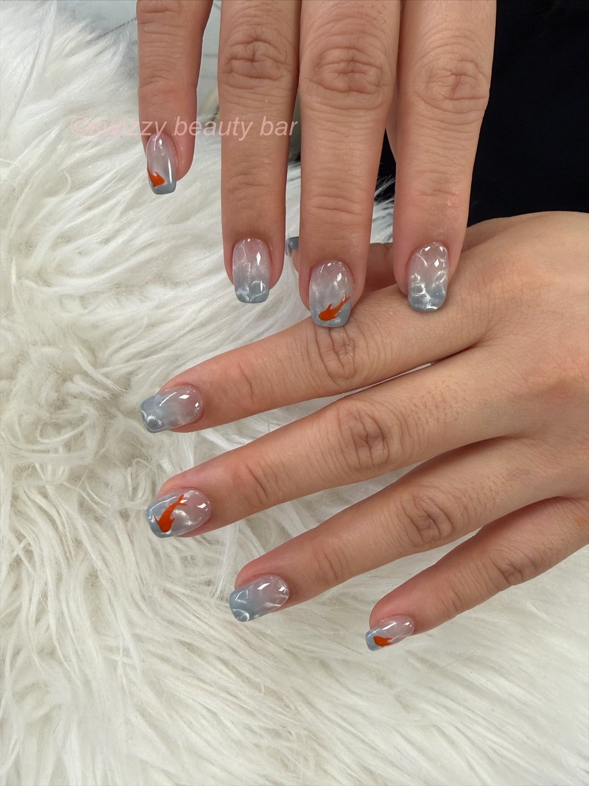 Gray Blue Marble Koi nail art at Swizzy Beauty Bar, Japanese gel nails Flushing NY