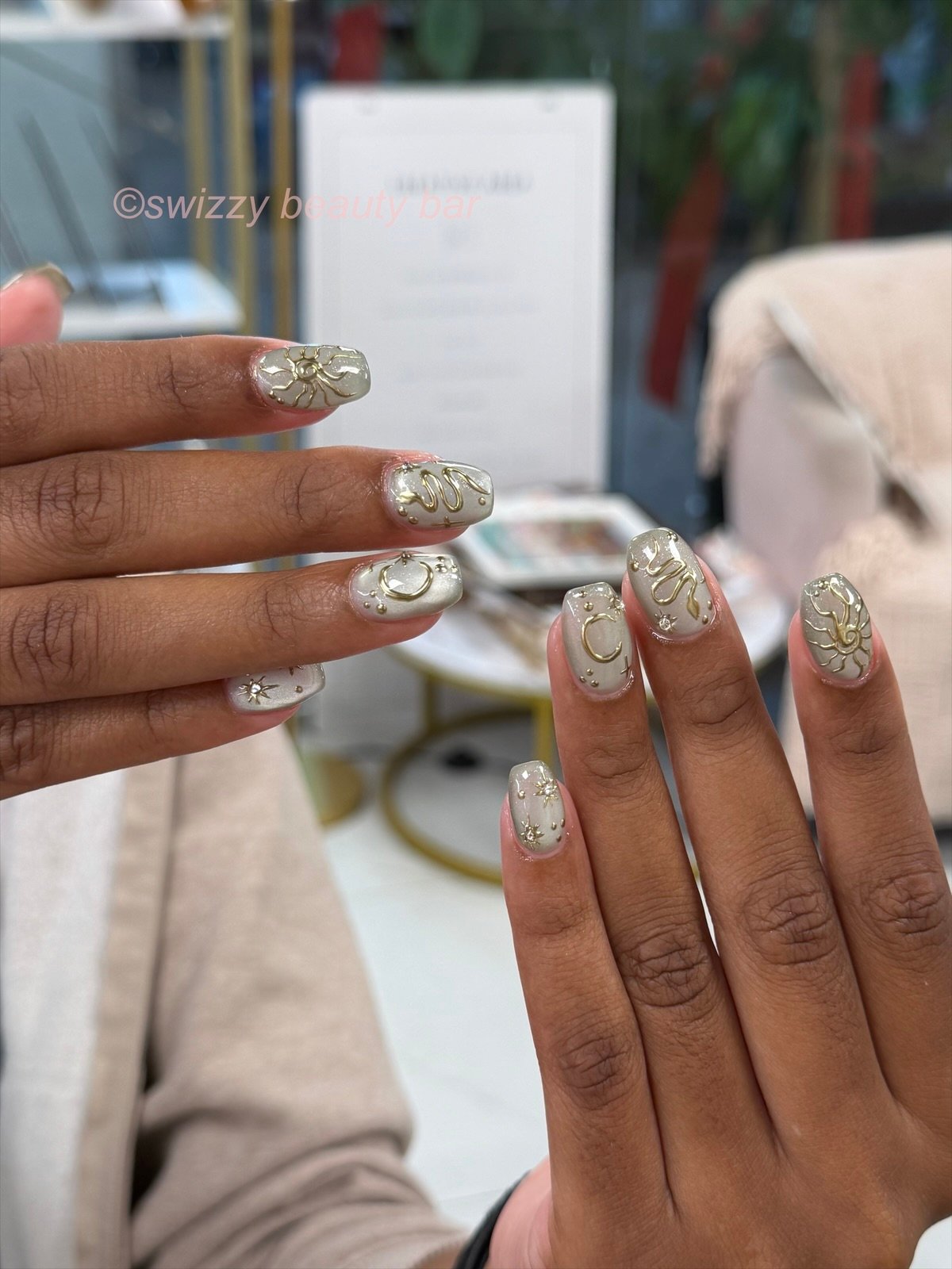 Gray Gold Celestial nail art at Swizzy Beauty Bar, Japanese gel nails Flushing NY