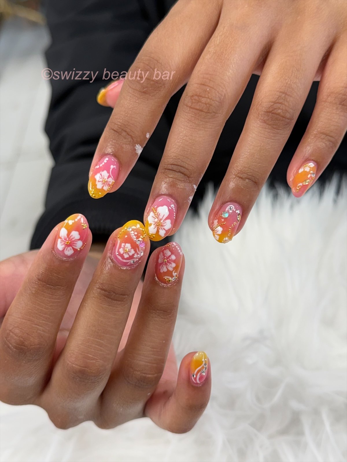 Hibiscus Floral Ombre nail art at Swizzy Beauty Bar, Japanese gel nails Flushing NY