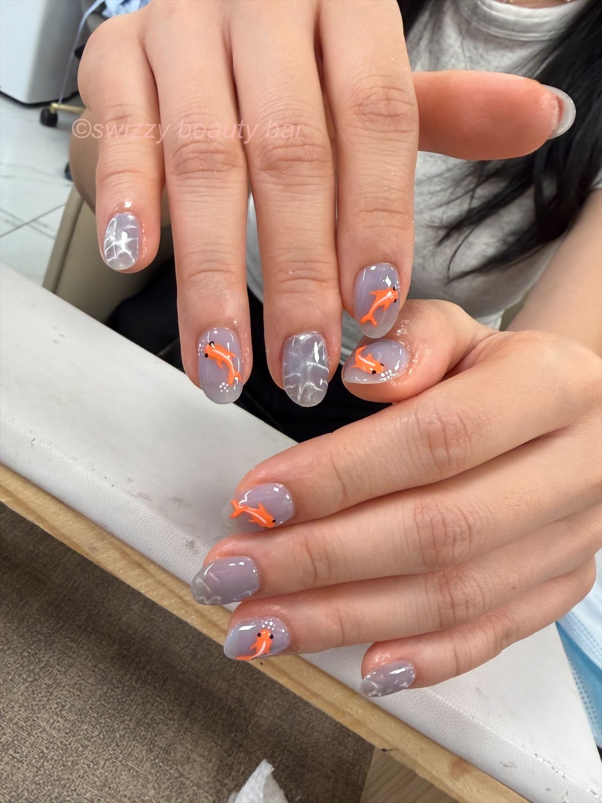 Lilac Gray Koi nail art at Swizzy Beauty Bar, Japanese gel nails Flushing NY