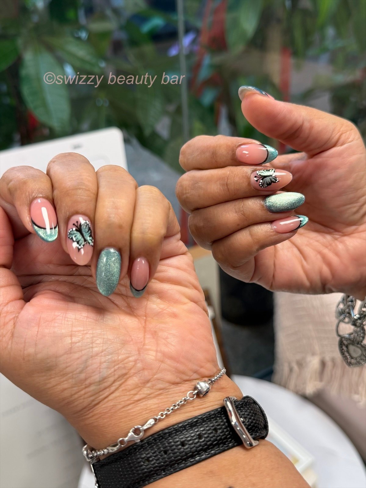 Mint Butterfly French nail art at Swizzy Beauty Bar, Japanese gel nails Flushing NY