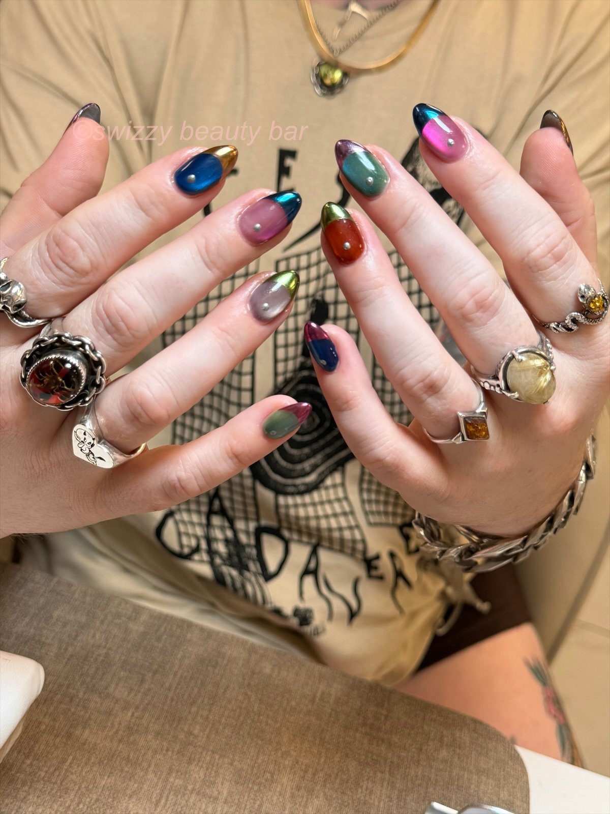 Multicolor Chrome nail art at Swizzy Beauty Bar, Japanese gel nails Flushing NY