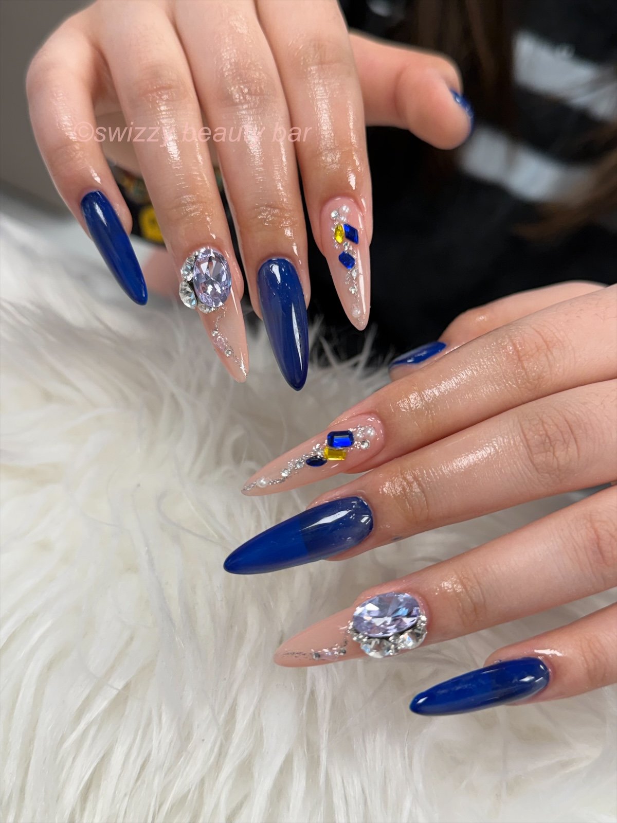 Navy Rhinestones nail art at Swizzy Beauty Bar, Japanese gel nails Flushing NY