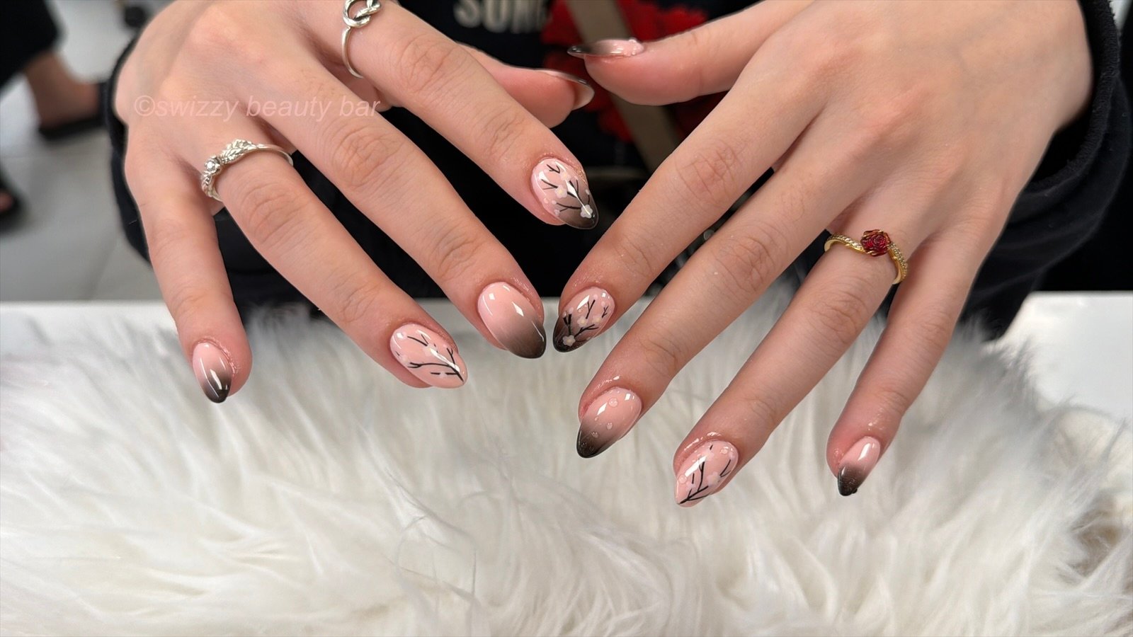 Nude Black Ombre nail art at Swizzy Beauty Bar, Japanese gel nails Flushing NY