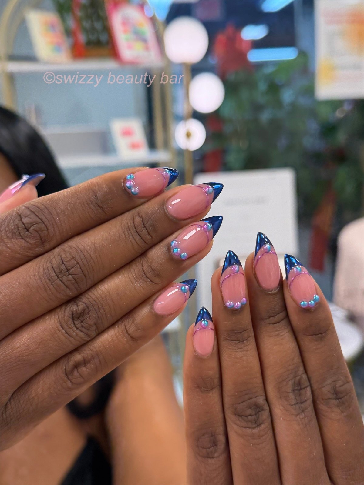 Blue Chrome Dots nail art at Swizzy Beauty Bar, Japanese gel nails Flushing NY