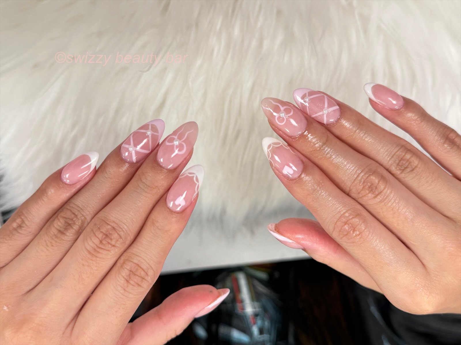 Nude Geometric French nail art at Swizzy Beauty Bar, Japanese gel nails Flushing NY