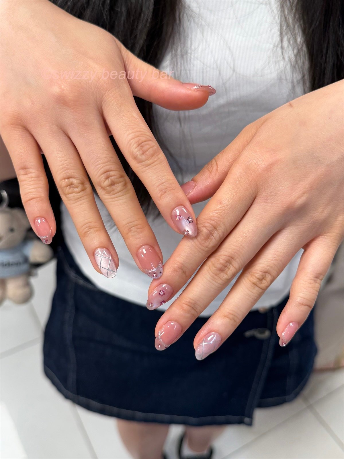 Glitter French Rhinestone nail art at Swizzy Beauty Bar, Japanese gel nails Flushing NY