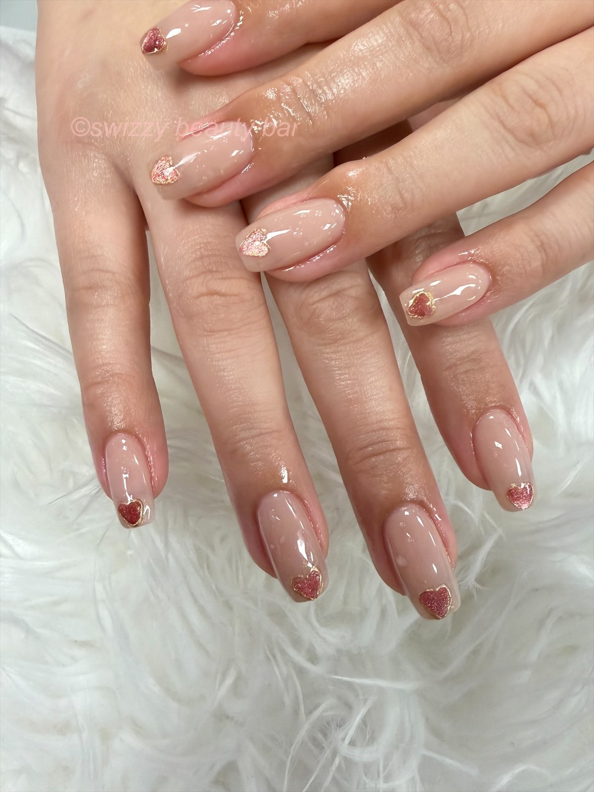 Glitter Hearts nail art at Swizzy Beauty Bar, Japanese gel nails Flushing NY