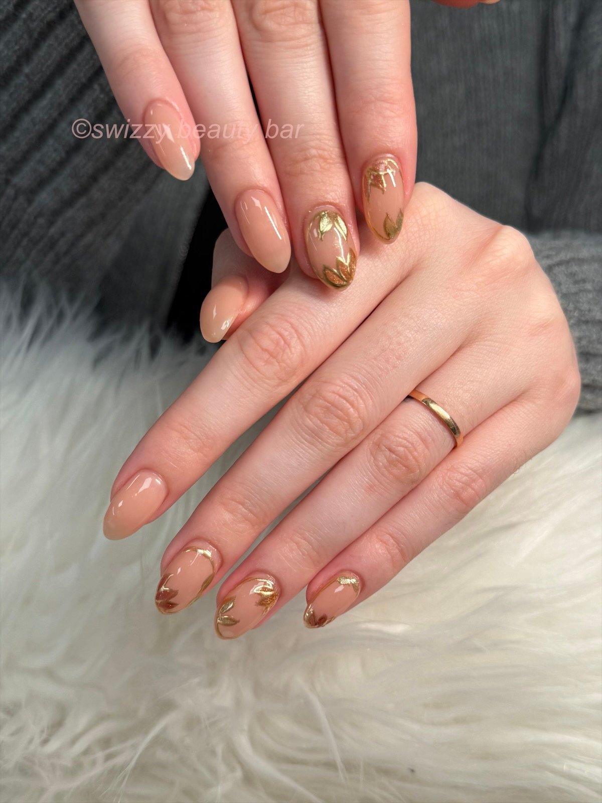 Nude Gold Leaf nail art at Swizzy Beauty Bar, Japanese gel nails Flushing NY