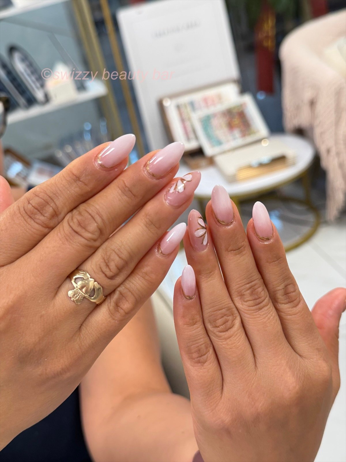 Gold Outline Flower nail art at Swizzy Beauty Bar, Japanese gel nails Flushing NY