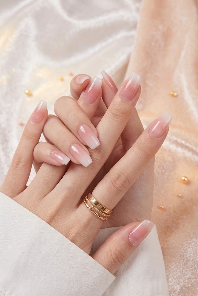 Nude pink ombre coffin gel nails with gold rings at Swizzy Beauty Bar, Japanese gel nails Flushing NY