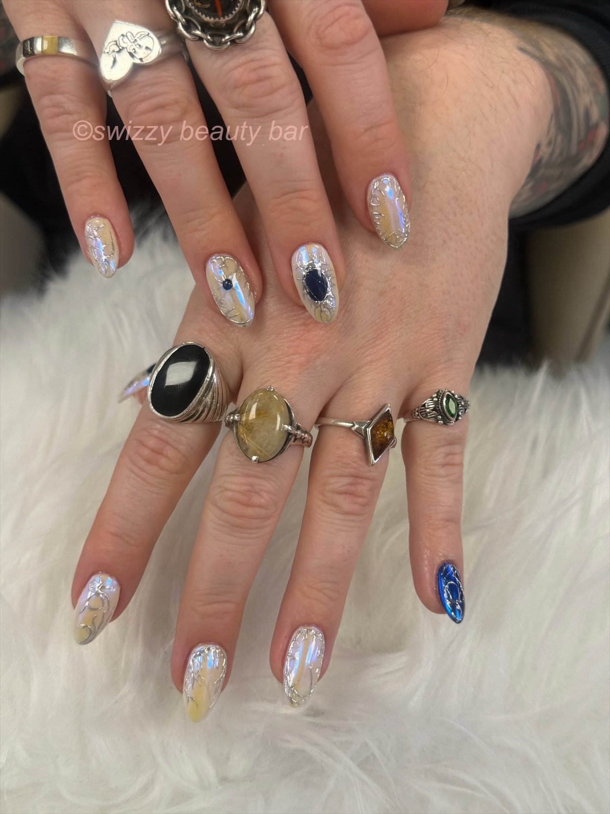 Opal Iridescent nail art at Swizzy Beauty Bar, Japanese gel nails Flushing NY