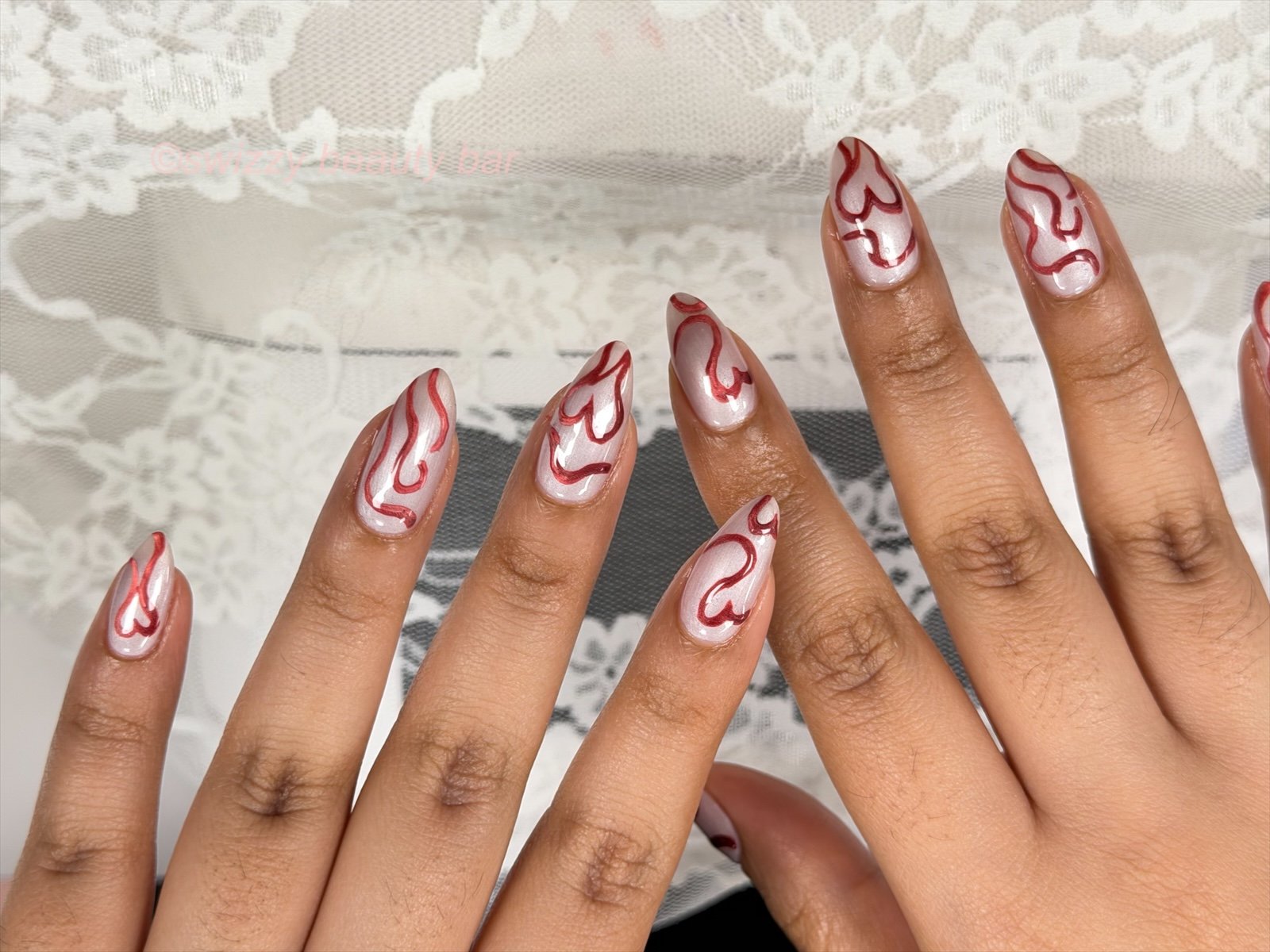 Pearl Heart Swirl nail art at Swizzy Beauty Bar, Japanese gel nails Flushing NY