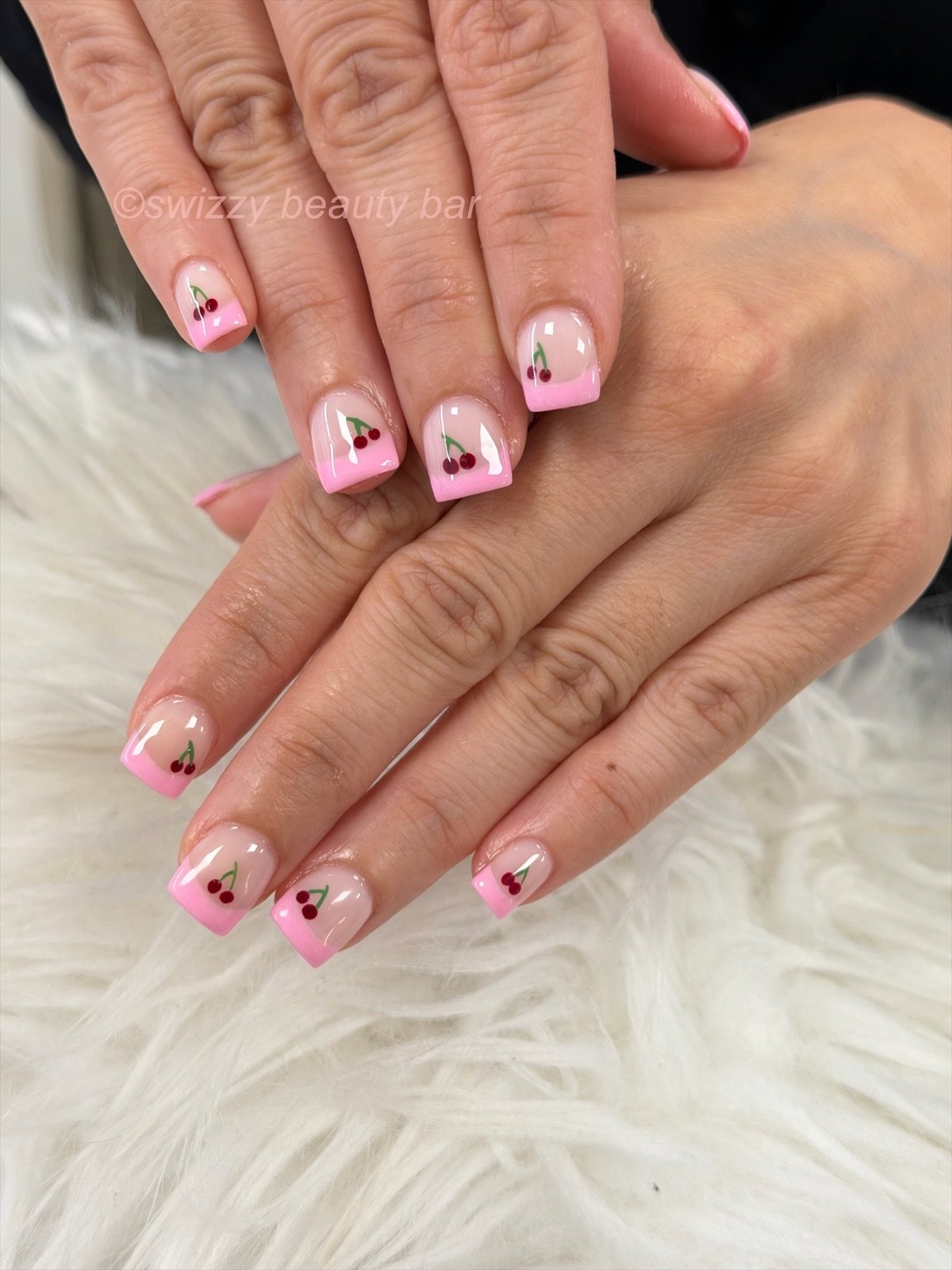 Pink Cherry French nail art at Swizzy Beauty Bar, Japanese gel nails Flushing NY