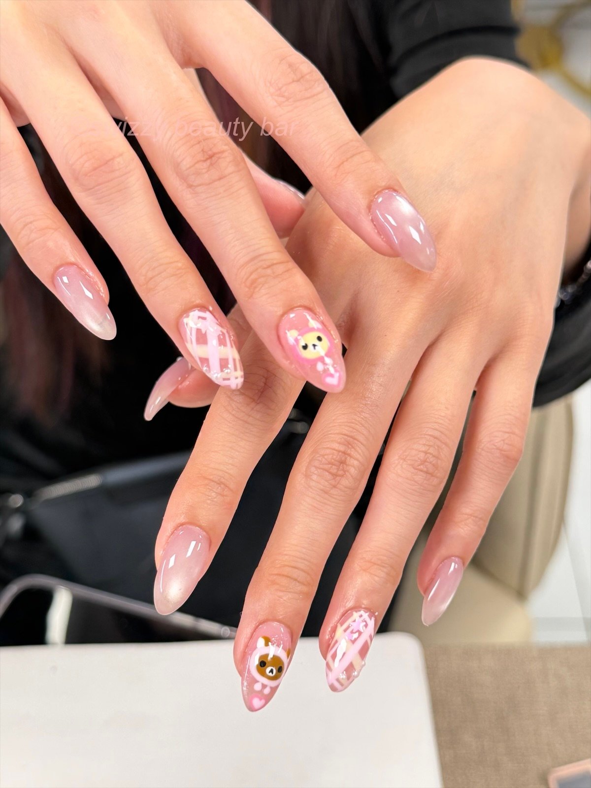 Pink Teddy Bear nail art at Swizzy Beauty Bar, Japanese gel nails Flushing NY