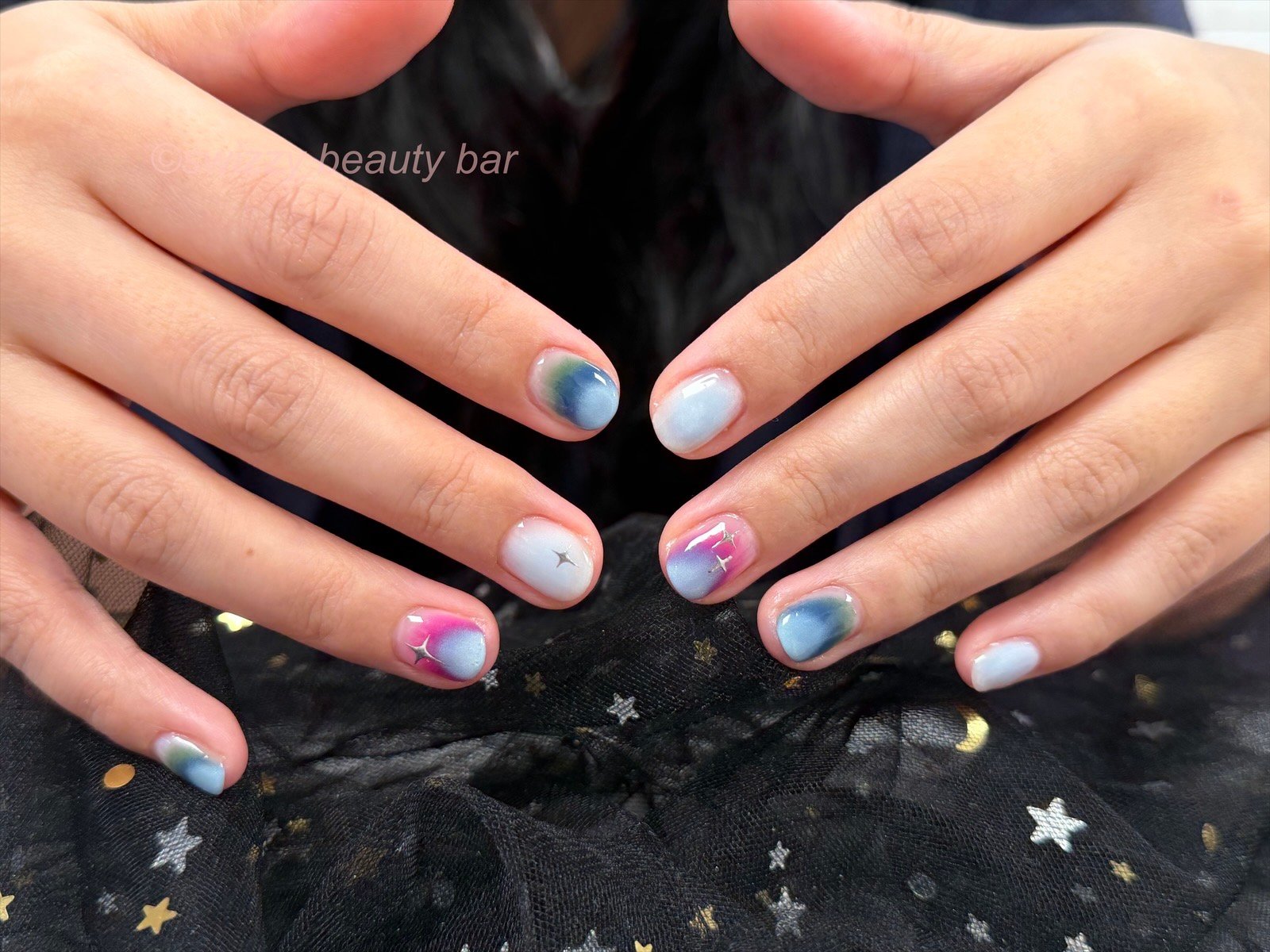 Purple Blue Ombre French nail art at Swizzy Beauty Bar, Japanese gel nails Flushing NY
