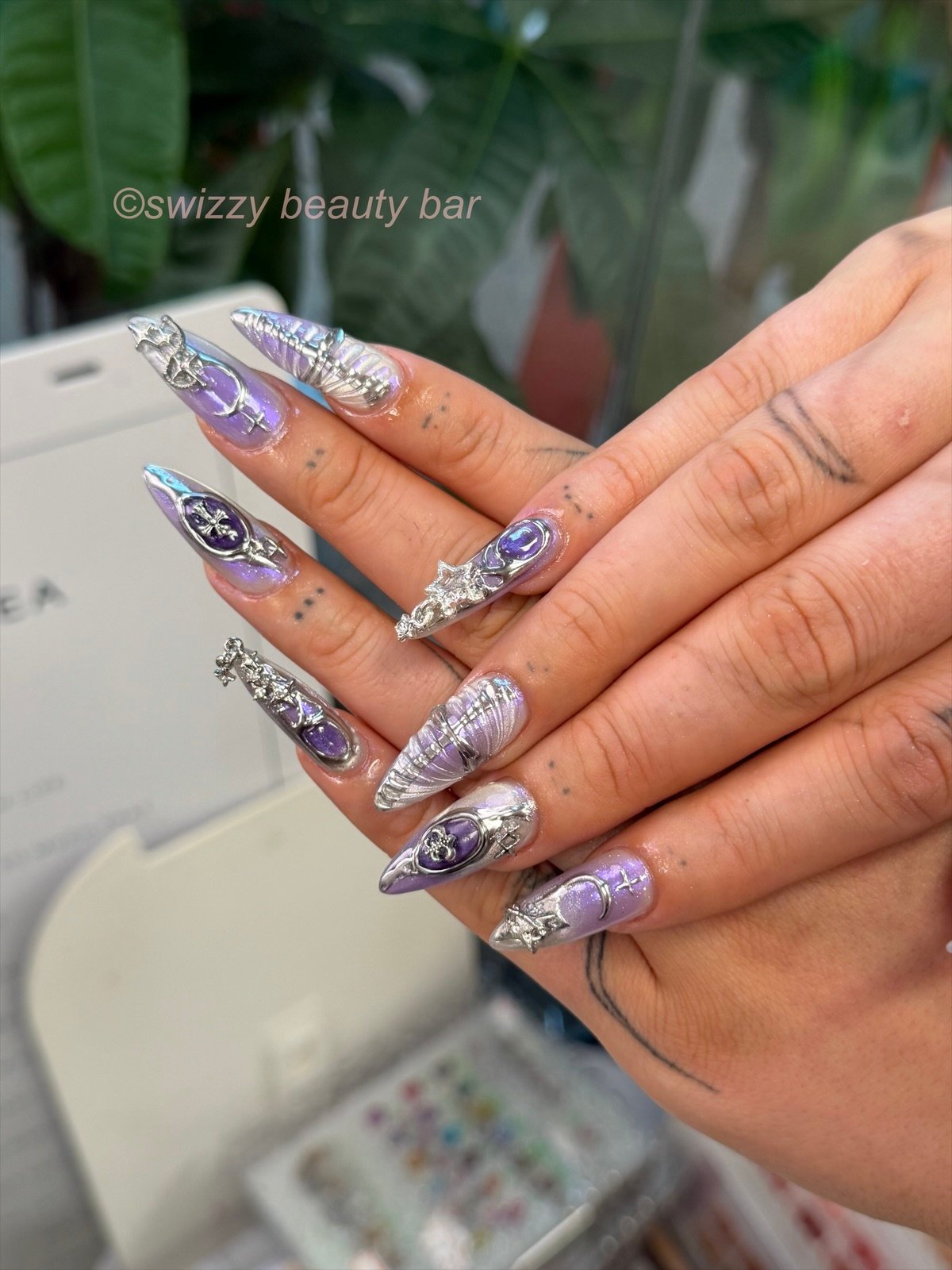 Purple Gothic Charm nail art at Swizzy Beauty Bar, Japanese gel nails Flushing NY