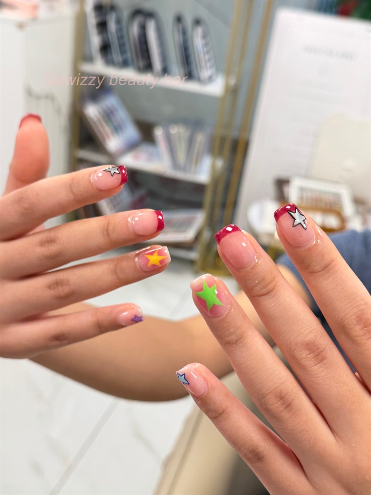 Rainbow Star French nail art at Swizzy Beauty Bar, Japanese gel nails Flushing NY