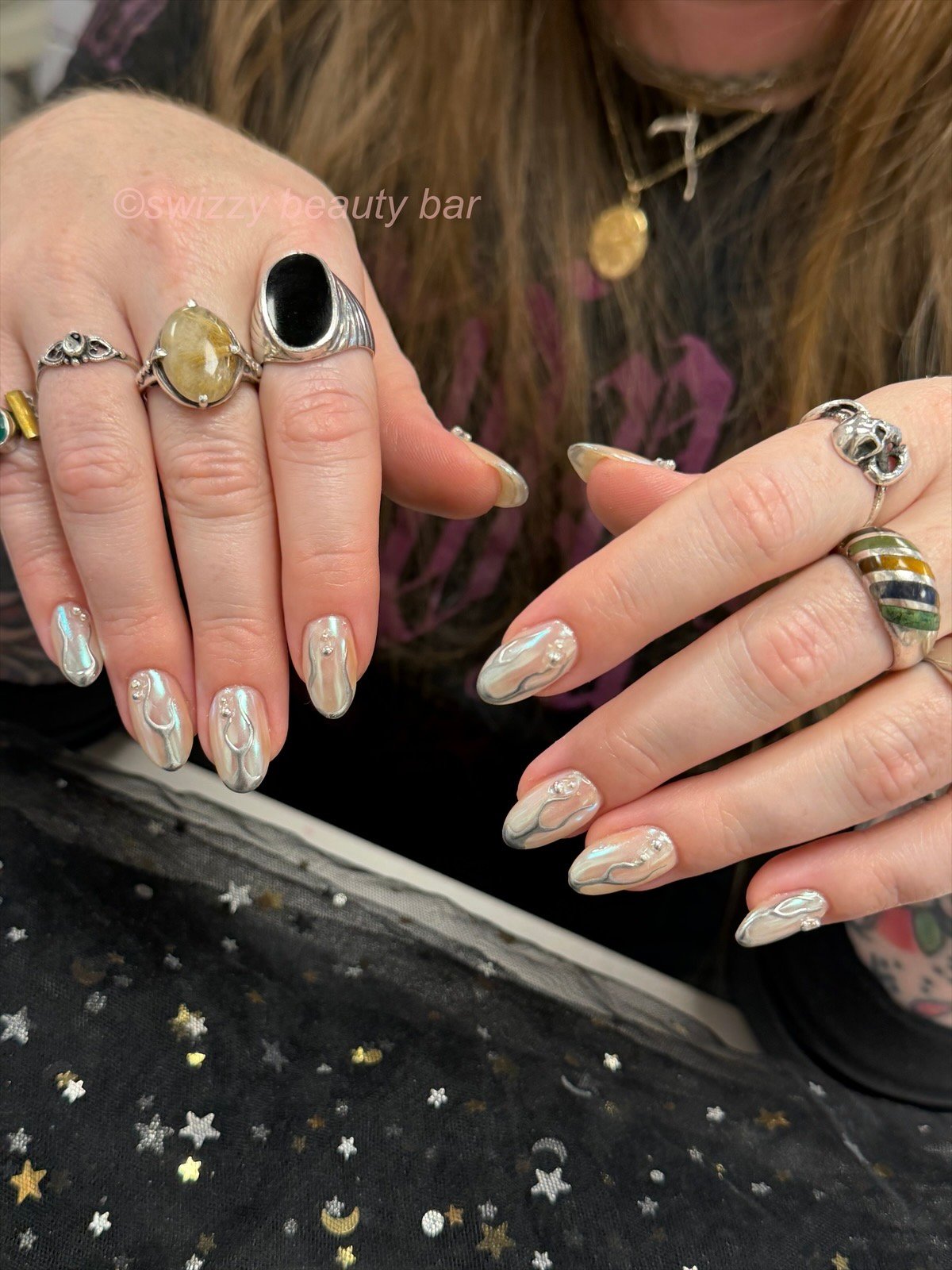 Silver Chrome Swirl nail art at Swizzy Beauty Bar, Japanese gel nails Flushing NY