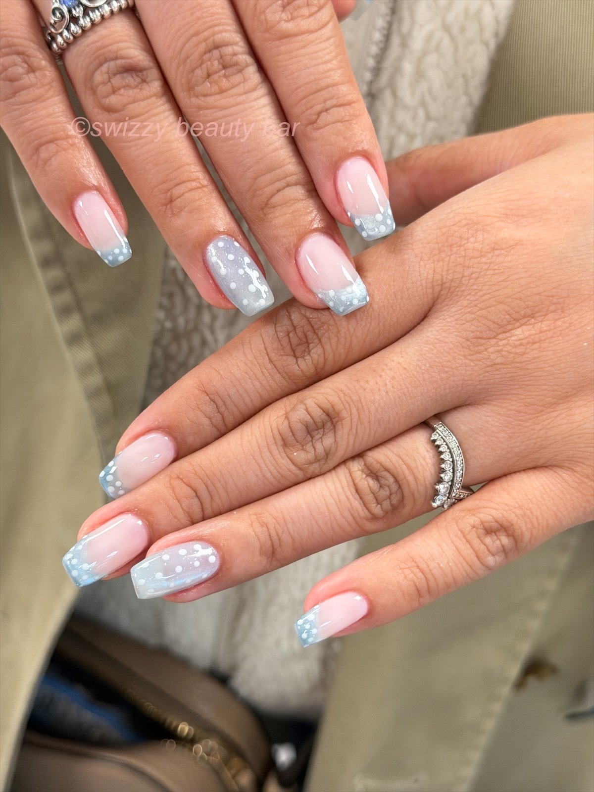 Silver Gray Polka Dot nail art at Swizzy Beauty Bar, Japanese gel nails Flushing NY