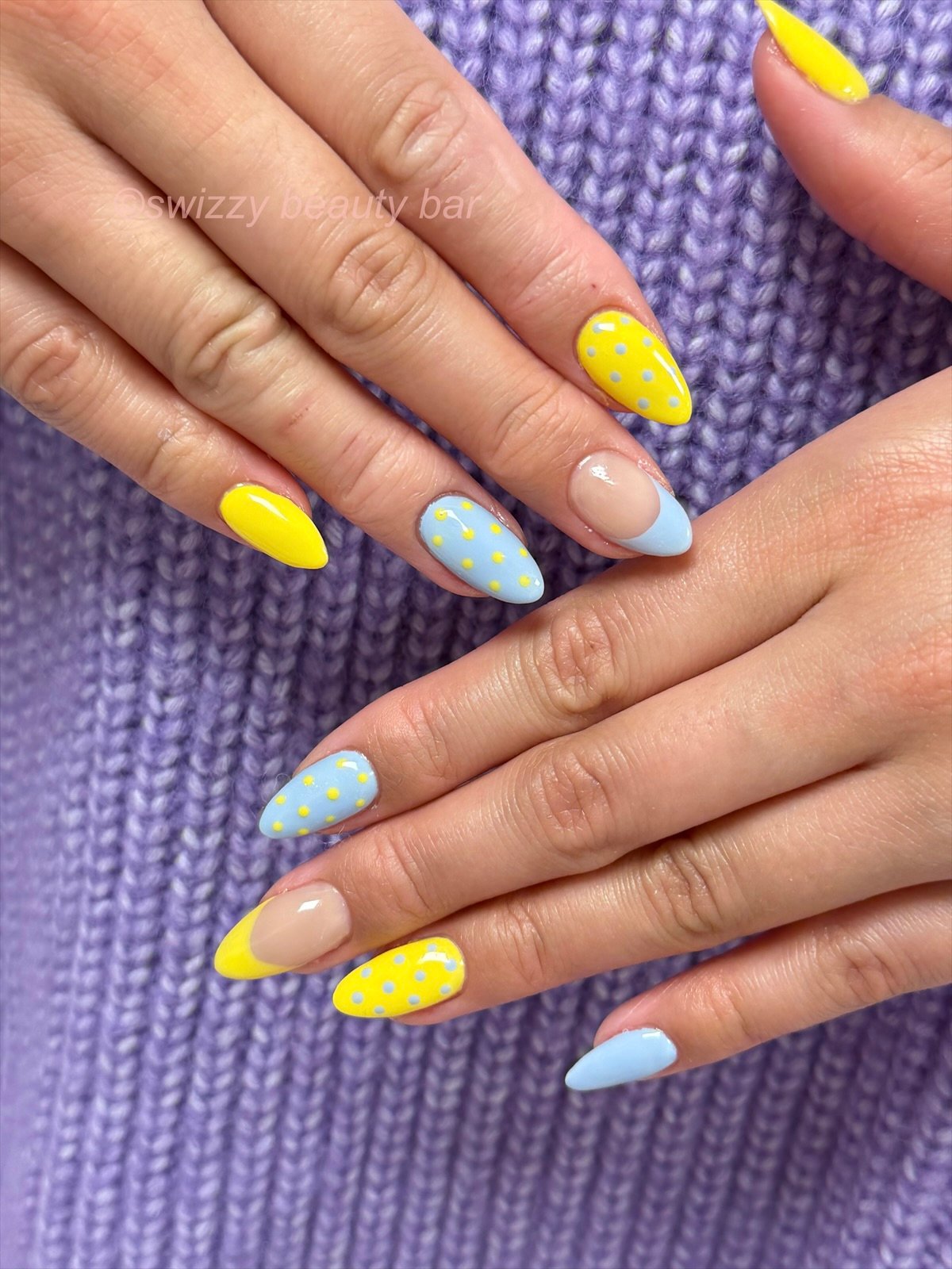 Yellow Blue Polka Dot nail art at Swizzy Beauty Bar, Japanese gel nails Flushing NY
