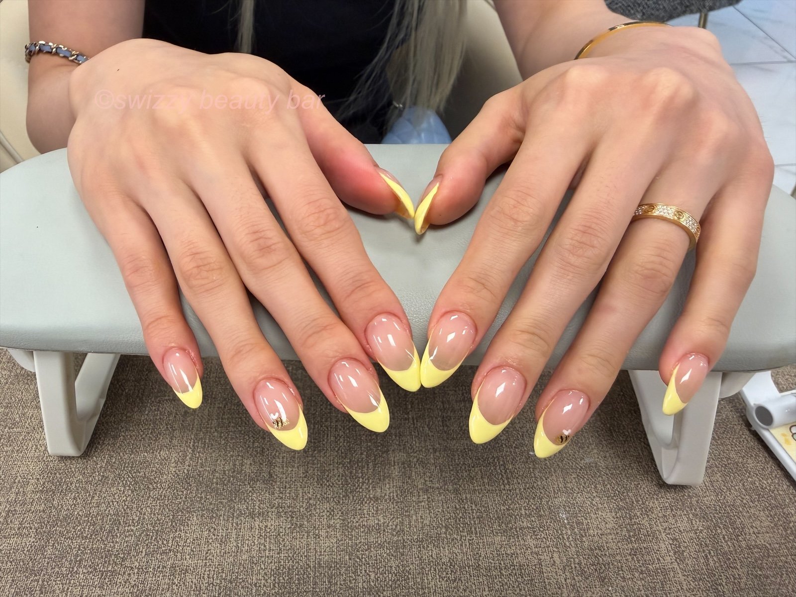 Yellow French Tips nail art at Swizzy Beauty Bar, Japanese gel nails Flushing NY