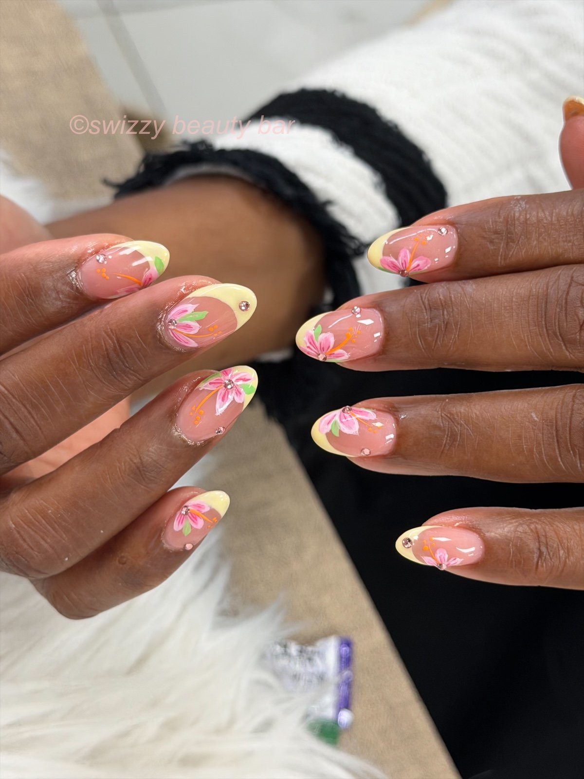 Yellow Lily Pink nail art at Swizzy Beauty Bar, Japanese gel nails Flushing NY